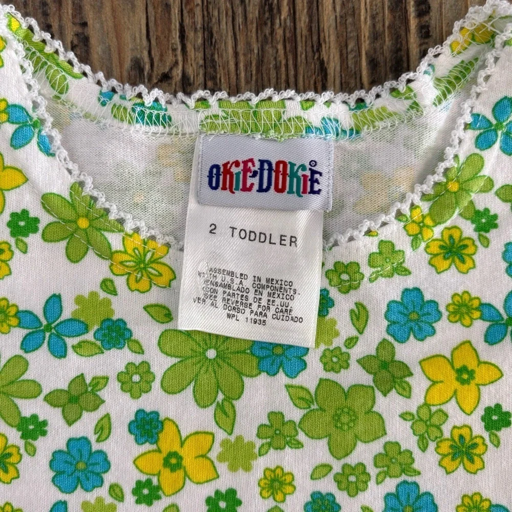 Okie Dokie S/S Tee Shirt 2T White Green Blue Yellow Floral Lace Trim 70s Style - Picture 6 of 7